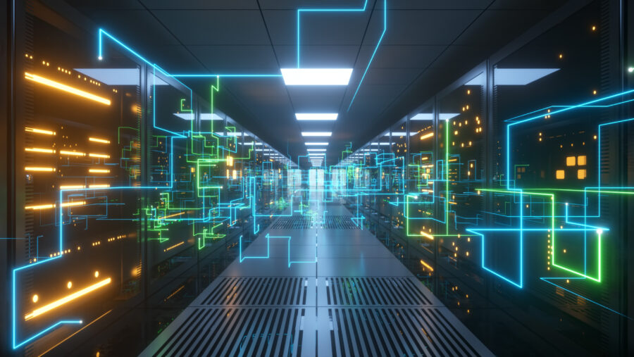 Digital information travels through fiber optic cables through network data servers glass panels server room data center